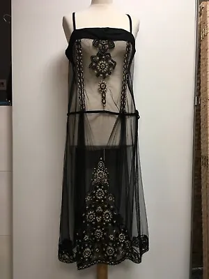 Vintage Black Embroidered Net Flapper Sheer Dress M/L • $48