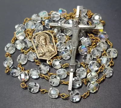 Vintage Catholic Rosary AB Iridescent Glass Beads Sacred Heart Scapular Italy • $22.99