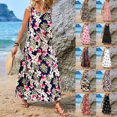 Womens Boho Floral Maxi Tank Dress Ladies Holiday Beach Baggy Kaftan Sundress 14 • £15.19