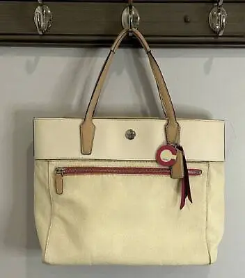 Coach Resort Ivory Metallic Pink Trim Canvas Leather Tote Handbag Shoulder Bag • $23.50