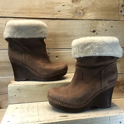 UGG AUSTRALIA Sheepskin Carnegie Wedge Tan Fold Over Boots 1001317 Women's 10 • $59.67