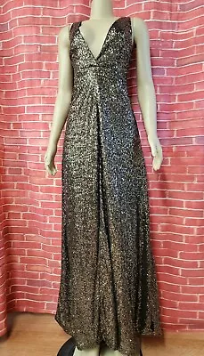 Meghan Los Angeles Back Silver Womens Maxi Dress Sequined Sz S? Deep V Neck #C3 • $79.10