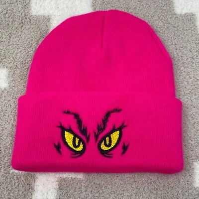 GRINCH EYES  Pink Beanie Embroidered In Black And Yellow • $19.99