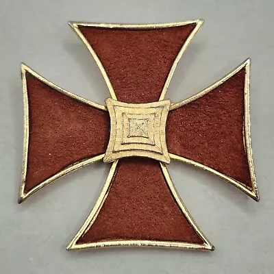 Vtg Marvella Maltese Cross Suede Brooch Pendant Brown RARE Goldtone Estate Large • $29.95