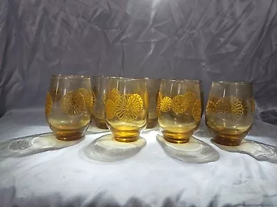 Vintage MCM Drinking Glasses Set Of 7 Amber Libbey Daisy Pattern 1970’s • $30