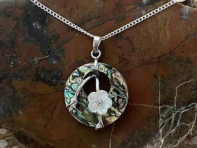 Abalone & Mother Of Pearl Cherry Blossom Pendant On 925 Sterling Silver Necklace • $14.50