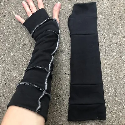 Black Elbow Length Gloves Gray Pink Arm Warmers Thumb Hole Fairy Goth Reversible • $28