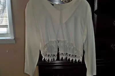 Vintage By Choice Womens White Crop Top  Long Sleeves Pearl Buttons Back • £24.32