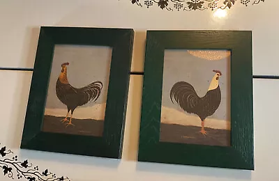 Warren Kimble Framed Folk Art Rooster Prints Country Farmhouse Decor Green Set 2 • $29.99