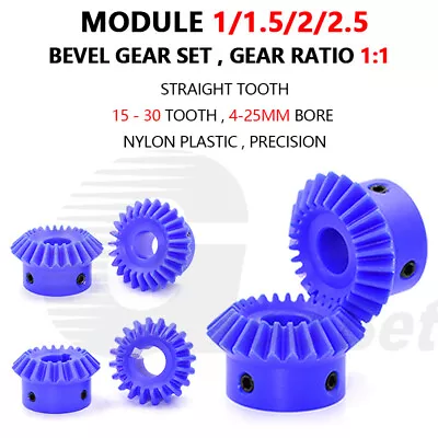 Module 1 1.5 2 2.5 Straight Bevel Gear Set 15 - 30 Tooth 1:1 Pairing Nylon Blue • $14.69