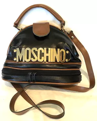 Moschino Black Leather Bag.  Bold Brass Name. Small. 10x7. Bottom Zip Around • $195