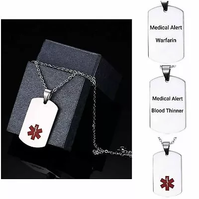 Necklace Blood Thinner Warfarin Medical Alert Stainless Steel Chain Curb Dog Tag • £12.99