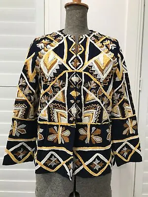 Rare Zara Chenille Embroidered Beaded Open Jacket Blazer Navy S M • £58.94