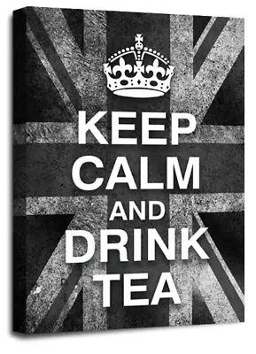 Keep Calm Art Print Grey Drink Tea Quote Framed Canvas Wall Picture Large • £29.99