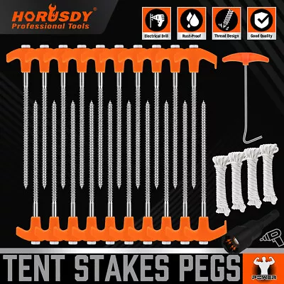 26PC Tent Stakes Pegs Camping Outdoor Steel Metal Nail 4x13FT Rope T Pull Hook • $17.99