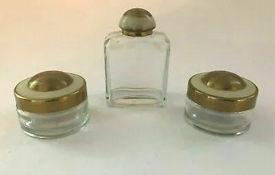 Set Of 3 Vintage  Perfume Bottle & Dresser Jars Brass And Celluloid Tops • $27.40