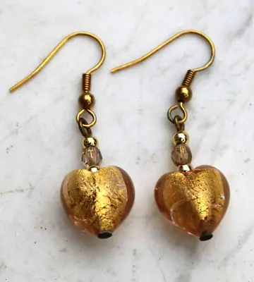 Vintage Earrings Italy  Gold Foil Heart Murano Venetian Glass • $39.99