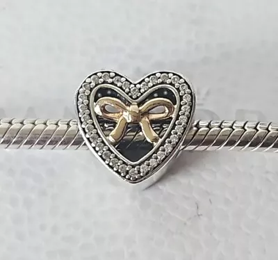 Genuine Pandora Bracelet Charm - Silver 14k Gold Bound By Love Ribbon Heart S925 • £5.50