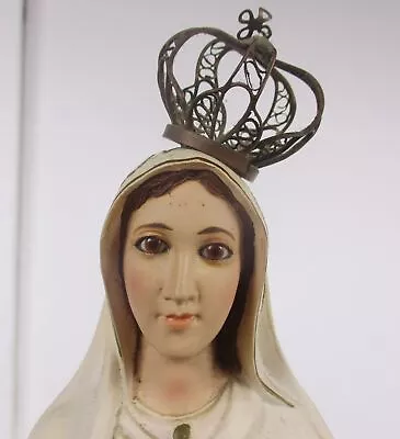 Vintage Our Lady Fatima Resine Statue Glass Eyes Wearing A Brass Crown  Portugal • $190.75