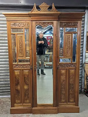 Edwardian Carved Solid Walnut & Bur Walnut Breakfront Triple Wardrobe • £779