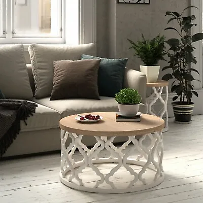 $169.99 • Buy Farmhouse Round Coffee Table Distressed Wood Top Curved Motif Frame Boho White