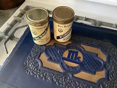TWO 1930's MCCORMICK’S BEE BRAND SCREW TOP SPICE TINS - SAGE AND PICKLE SPICE • $44.99