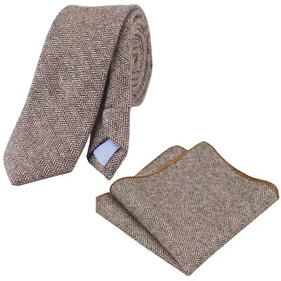 £22 • Buy New Vintage Brown Herringbone Skinny Tweed Wool Tie & Pocket Square Set. UK.