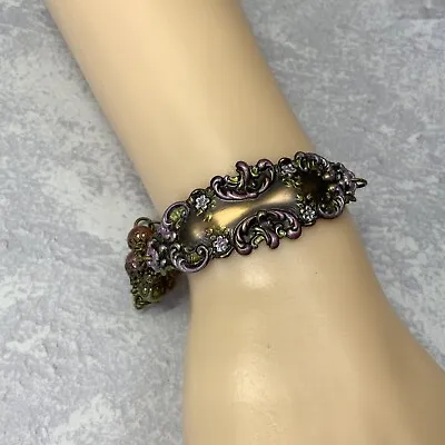 Handmade Brass Purple And Green Faux Pearl Vitorian Revival Bracelet  • $16