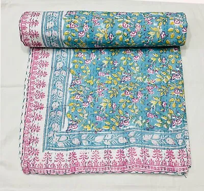 Indian Cotton Hand Block Print Kantha Bedspread Handmade Quilt Throw Blanket • £47.99