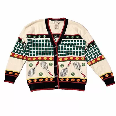 Vintage Tennis Cardigan Cotton Sweater 80s Sz M • $40