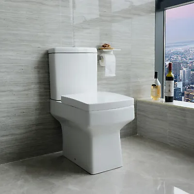 £126.77 • Buy Bathroom Square White Ceramic Modern Toilet Close Coupled Pan Soft Close Seat WC