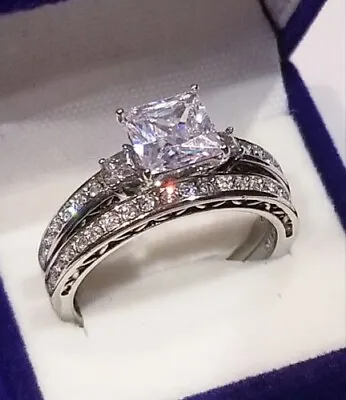 3 Ct Princess Cut Moissanite Engagement Bridal Set Ring 14K White Gold Plated • $149.39