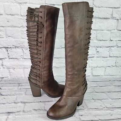 Mossimo Tall Boots Brown Aleah Back Lace Knee High Side Zip Womens Size 6.5 • $19.99