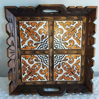 Mexican Serving Tray Carved Wood Vintage MCM Tiles 1970s Bar Cart Party Drinks  • $43.99