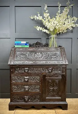 Antique Oak Bureau Desk  /drop Front Desk / Antique Furniture / Green Man • £382.50