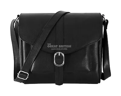 Womens Flap Over Crossbody Bag Black Cowhide Leather Travel Medium Shoulder Bag • £46.74
