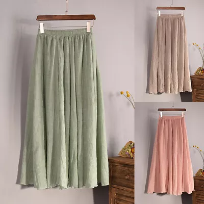 Womens Cotton Linen Maxi Skirt Ladies Elastic Waist Pleated Solid Long Skirts • $13.49