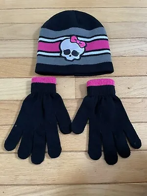 Monster High Winter Beanie Hat Skull Black Pink Girls Knit Cap W/ Mittens Gloves • $9.95