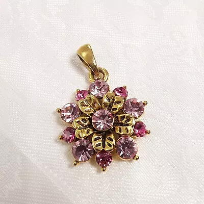 Vintage Pink Rhinestone Flower Pendant Gold Tone Cookie Lee Necklace Costume • $7.50