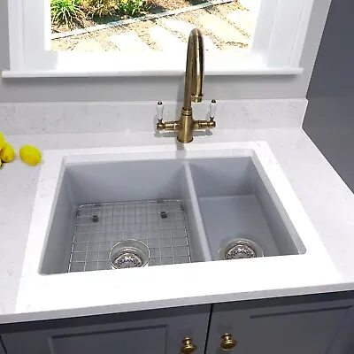 21 Inch Double Bowl Undermount Or Drop In Fireclay Sink Matte Grey  RV Boat Tiny • $269.99