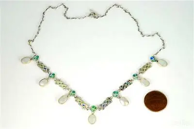 BEAUTIFUL ANTIQUE SILVER ENAMEL & PEARL ART NOUVEAU NECKLACE By MURRLE BENNETT • $1320