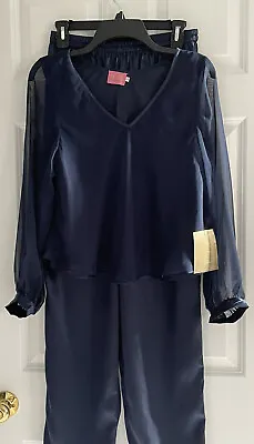 Vintage Oleg Cassini Pajama Set Medium Lounge Navy Satin Chiffon Sheer Sleeve • $38