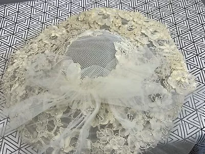 Vintage Bridal Wedding Hat Pearl And Lace Wide Brim Net Vail 80s Ivory Beige • $22.95