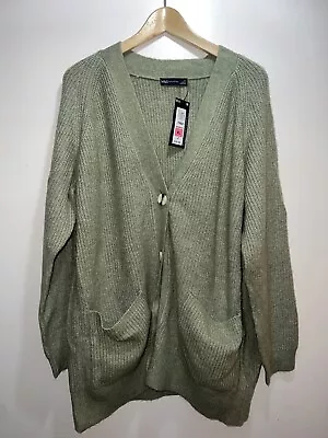 M&S COLLECTION Ribbed V-Neck Relaxed Longline Cardigan Khaki Green XL 20 22 • £15.99