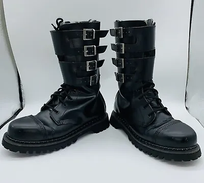 DEMONIA Men's Attack Combat Boots Leather Goth Punk Strap Buckle Lace Size 10 • $99.99