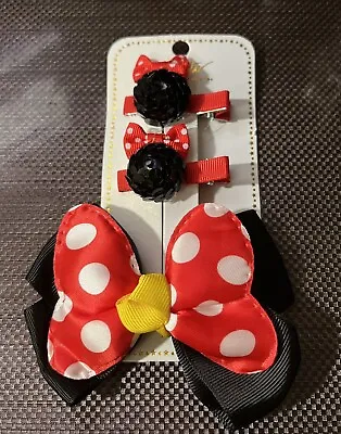 Disney Minnie Mouse Red Hair Bow 3 Hair Clips Polka Dot Ages 3+ • $7.50