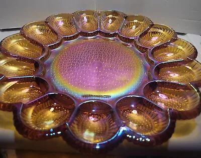 Vintage Indiana Amber Carnival Glass Deviled Egg Dish Plate Iridescent Hobnail • $24.99