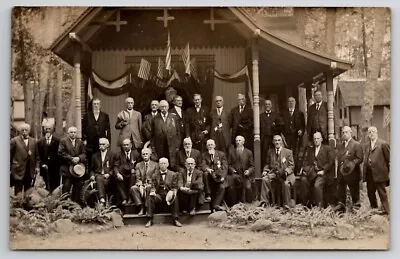 RPPC Civil War Veterans Group Photo Patriotic Decorated Cabin Postcard R21 • $49.95