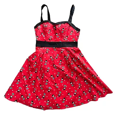 Disney Minnie Mouse Cherry A Line Dress Polka Dot Black Trim Size Medium M Med • £19.29