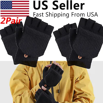 2Pair Thermal Winter Wool Knitted Convertible Mittens Flap Fingerless Men Women • $9.65